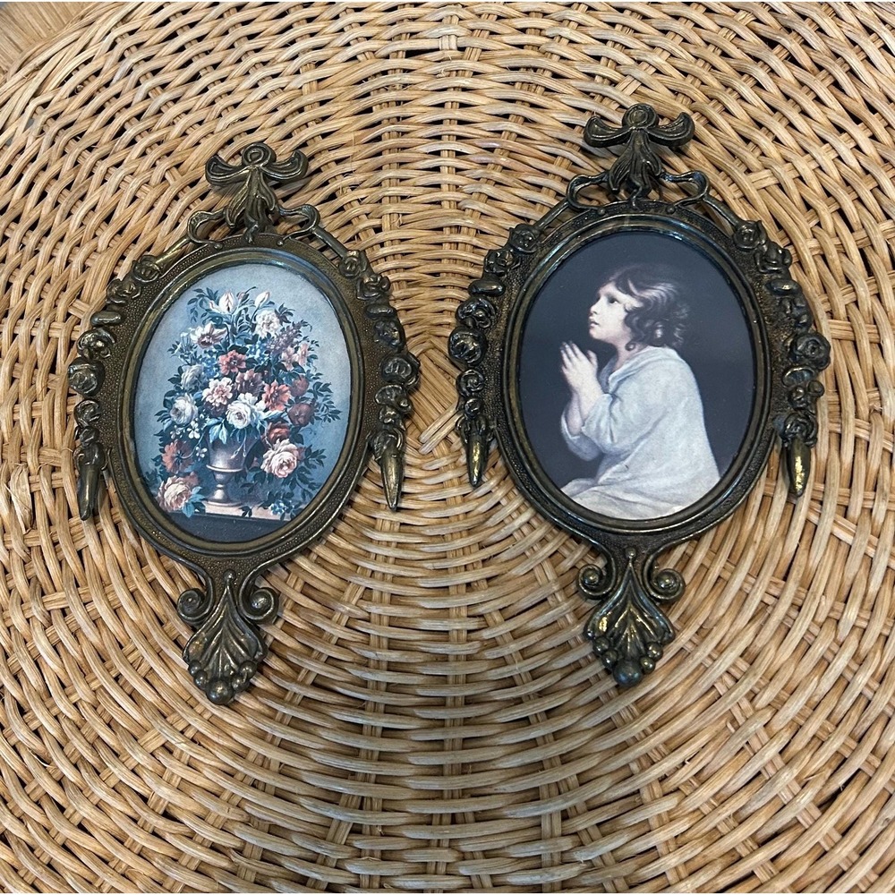 Pair of Vintage Italian Ornate Brass Oval Wall Miniature Frames